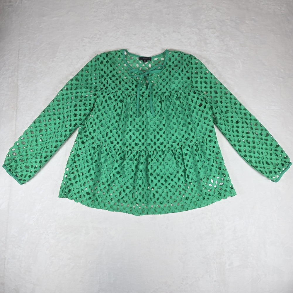 NWT J.Crew Eyelet Bow Tiered Preppy Classic Boho Blouse Top Womens Medium Green